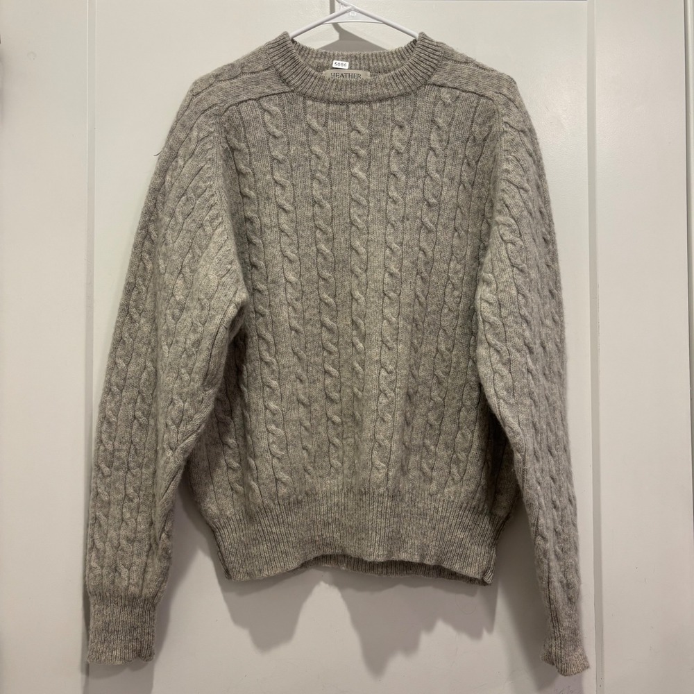 Heather & Tweed Shetland Wool Cable Knit Sweater Mens Large Gray Crewneck